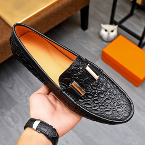 Mocasines de cuero negro repujado para hombre con hebilla metálica, zapatos casuales y formales sin cordones, hermessing - Product Image 5