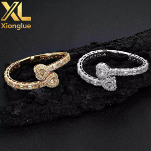 Exclusive <b>Bangle</b> Bracelet Baguette Heart Unisex Fashion Charm Box Clasp Party Micro Insert Wholesale Hiphop 14K Gold Plated - Product Image 5