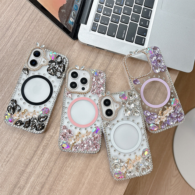 Women's Luxury Rhinestone Flower Magnetic Phone case for iPhone 17 Pro Max Design Korean Hard Phone Cover for iPhone 16 Plus 15