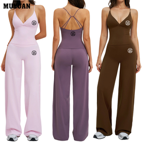 Set Yoga da Donna Due Pezzi in Nylon Spandex, Top Corto Senza Schienale e Pantaloni a Vita Alta a Gamba Larga, Asciugatura Rapida, Completo Sportivo Coordinato - Product Image 1