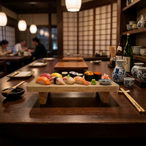 Tabla de Cortar Decorativa Ligera Hecha a Mano de Madera de Caoba Natural, Bandeja Elevada de Madera Sólida Sostenible para Servir Sushi - Product Image 1