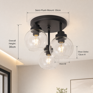 Modern 3 <b>Light</b> Semi Flush Mount Ceiling <b>Light</b> Fixture Clear Glass Globes <b>Black</b> Iron For Home Living Room Bedroom - Product Image 4