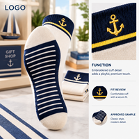 Chaussettes fantaisie brodées à motif rayé bleu marine et crème, vente en gros, artwork tricoté, OEM, marque privée, échantillonnage en vrac, emballage