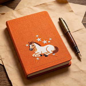 Agenda en tissu orange à couverture rigide avec motif cheval et étoile brodé, reliure cousue, idéal pour offrir - Product Image 4