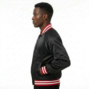 Men's Black Bomber Jacket Red White Trim <b>Turn</b>-down Collar Regular Fit Casual Style Genuine Leather Breathable Windproof Vintage - Product Image 3