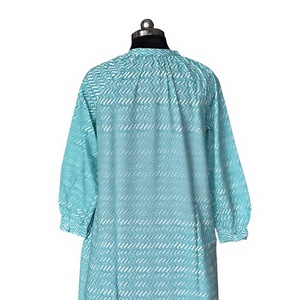Kurta de Algodón Recta con Cuello Mandarín para Mujer, Estampado Chevron Turquesa y Zigzag Azul Agua, Estilo Casual de Verano, ODM - Product Image 2