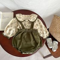 Combinaison bébé Angou, style coréen, automne, 0-2 ans, haut à col de poupée floral, salopette à bretelles, ensemble deux pièces
