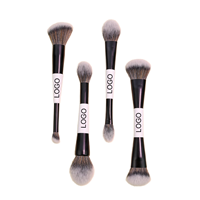 Kit de 4 pinceaux de maquillage double-embout à manche en bois, incluant pinceaux angulaires pour blush, fond de teint, contour et anticernes, Noir et Blanc, Outils de maquillage véganes