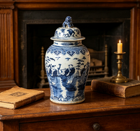 Vas Keramik Antik Cina Bergaya Art Deco dengan Gagang Singa Biru Putih yang Dilukis Tangan, Dilengkapi Tutup untuk Dekorasi Rumah dan Ornamen Tembikar