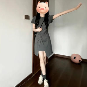 Falda Corta para Mujer, Talla Pequeña, Color Gris, Corte en A, Cintura Natural, Cuello Redondo, Asimétrica, Transpirable, para Uso Diario, Verano 2025, Nuevo Estilo - Product Image 3