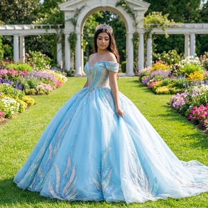 Dy8534 Blue Ball Gown Quinceanera Dress Sweep Train Modern Embroidery Lace Natural Solid For Teenagers Jancember - Product Image 1