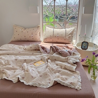Parure de lit quatre pièces en fil bouclé pour l'été, en fibre de polyester, dentelle creuse, fil froissé à bulles, 600TC, style princesse, pour usage domestique