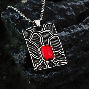 Stainless Steel Geometric Pendant With Red <b>Ruby</b> Inlay For Men <b>Necklace</b> Charm Asymmetry Design Gift Jewelry - Product Image 4