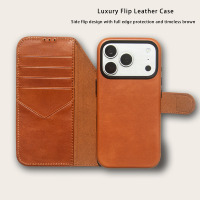 Étui de luxe en cuir huilé pour 17 Pro avec coque antichoc gaufrée style livre, portefeuille magnétique et porte-cartes