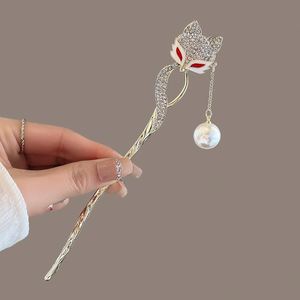 Bâtonnet à cheveux en cristal et strass style chinois ancien avec perle de renard pour femme, épingle à cheveux vintage en cristal, accessoire de coiffure - Product Image 1