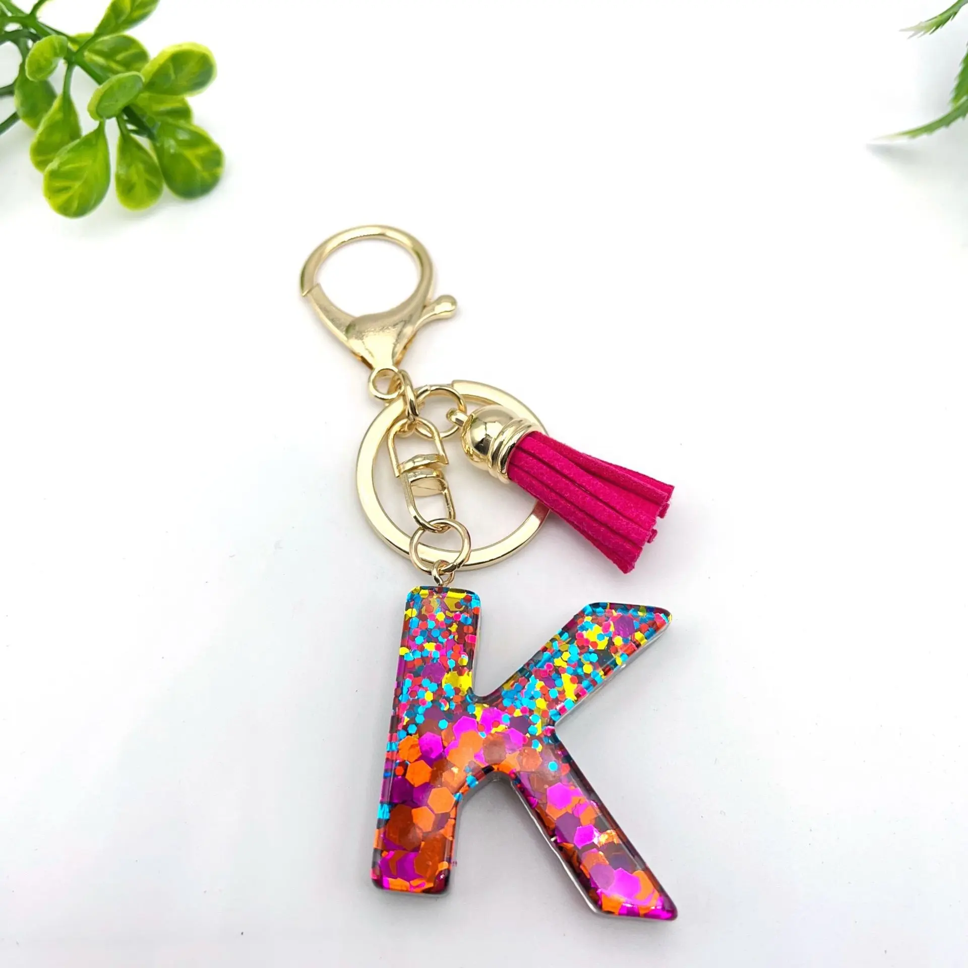 Hot Pink Tassel Glitter 26 Letter Pendent Resin Acrylic Keychain Custom Letter Keychain Initial