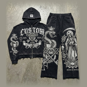 Rhinestones Digital Printing Worn Out OEM Custom Print Vintage 400 GSM Heavyweight Boxy Oversized Men's Hoodie Two-piece Set - Product Image 1