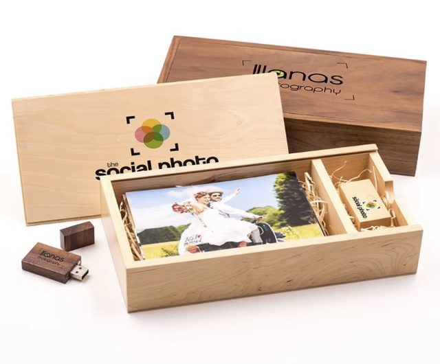 OEM Luxury 4*6inch 10X15CM Wooden USB Flash Drive Album Wedding Gift Packaging Photo Printing Wooden Photo Box