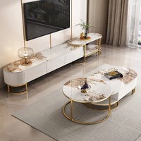 Ensemble de table basse ovale moderne de luxe en bois et marbre pour salon extensible en or pour la maison avec tiroirs meubles design en acier inoxydable