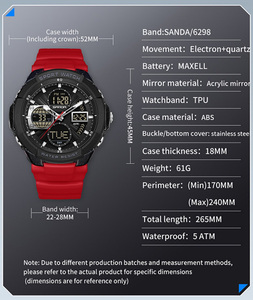 SANDA 6298 นาฬิกาข้อมืออิเล็กทรอนิกส์สำหรับผู้ชายทันสมัยเท่ห์ๆ แบบมัลติฟังก์ชั่นสี่หน้าต่าง หลายเขตเวลา เรืองแสง กันน้ำ - Product Image 2