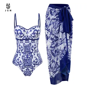 JSN-bañador tankini de moda, ropa de baño retro con estampado, ropa de playa con aros y sarong