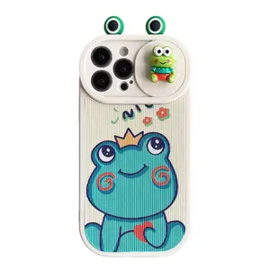 귀여운 3D 개구리 푸시 풀 카메라 렌즈 보호 전화 케이스 아이폰 14 프로 맥스 13 12 11 14 플러스 만화 오리 소프트 백 커버