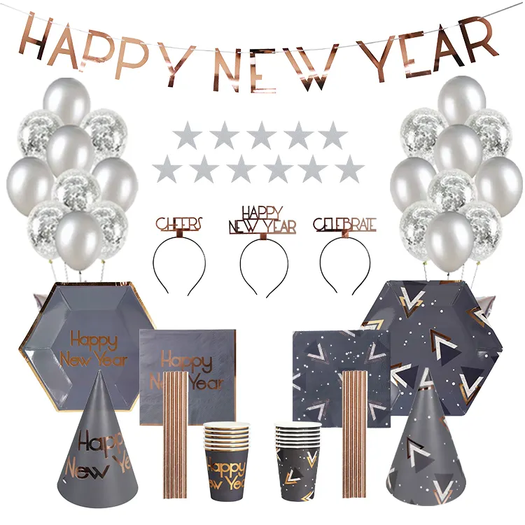 Conjunto de decoraciones para fiesta de año nuevo, cartel de Feliz Año Nuevo, globos de látex de 12 pulgadas, vajilla de papel