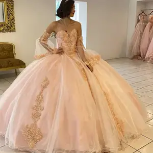 Pink Sweetheart Strapless Quinceanera Dresses With Detachable Flared Sleeve Lace Appliques Party Ball Gowns