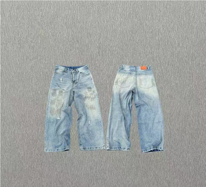 Men's Wide Leg Medium Wash Denim <b>Jeans</b> Mid Waist Loose Fit <b>Chain</b> Embroidery Vintage Streetwear Style Autumn Cotton Fabric Print - Product Image 5