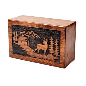 Caja de urna de cremación de madera maciza de ciervo grabado para cenizas humanas/cenizas de mascotas/caja de urna de entierro caja de urna de madera de pino de palisandro - Product Image 1