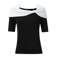 Blusa de punto elegante para mujer con cuello barco, decoración de lazo con perlas hechas a mano, hombros descubiertos, manga midi, ajuste ceñido, color morado