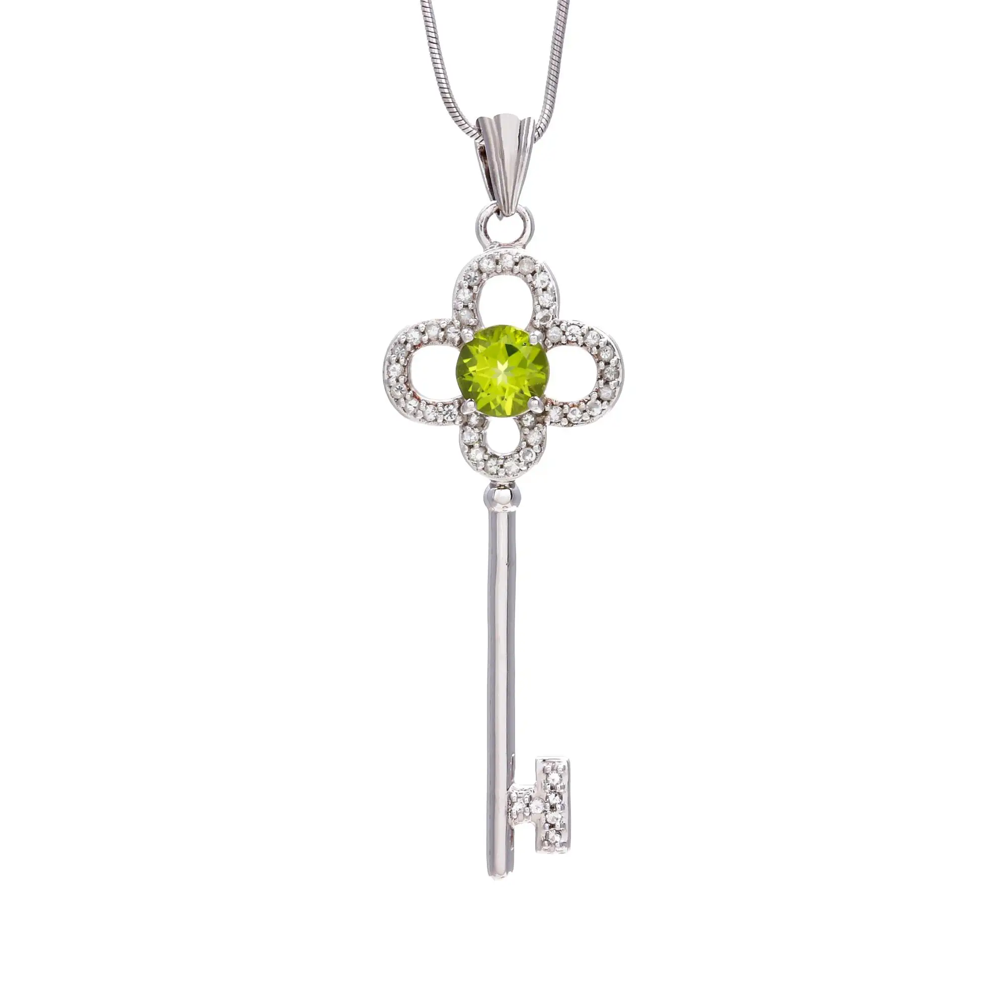 Peridoto naturale con zircone a forma di chiave ciondolo con taglio rotondo sfaccettato pietra gemma impostazione 925 argento Sterling unico ciondolo chiave