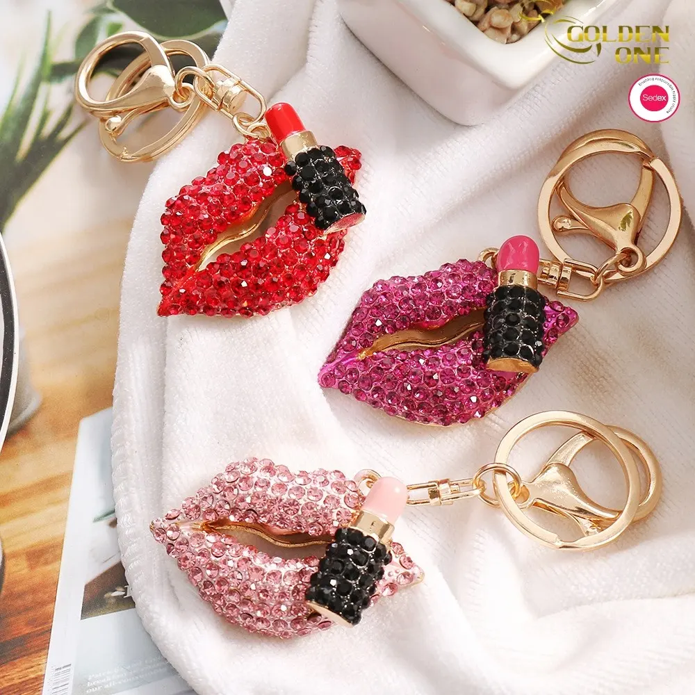 Wholesale new European and American diamond lip pendant metal 3d lipstick bag small gift keychain