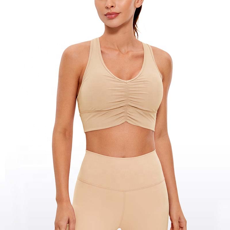 Custom Logo Ruched V-Neck Quick Drying 4-Way Stretch Breathable Padded Gym Yoga Top Sports Bra for Women