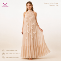 Robe en mousseline plissée à col halter ornée de perles florales 3D, confection sur mesure, vente en gros, fabrication OEM, marque privée