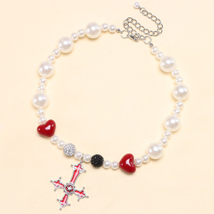 Collier punk en perles avec pendentif en forme de cœur et nœud pour femme, bijoux de fête, pendentif thématique en alliage de zinc - Product Image 2