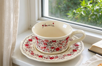 Tasse à café et soucoupe en céramique à motif floral esthétique, style rétro, fleurs rouges, vaisselle pour le thé de l'après-midi