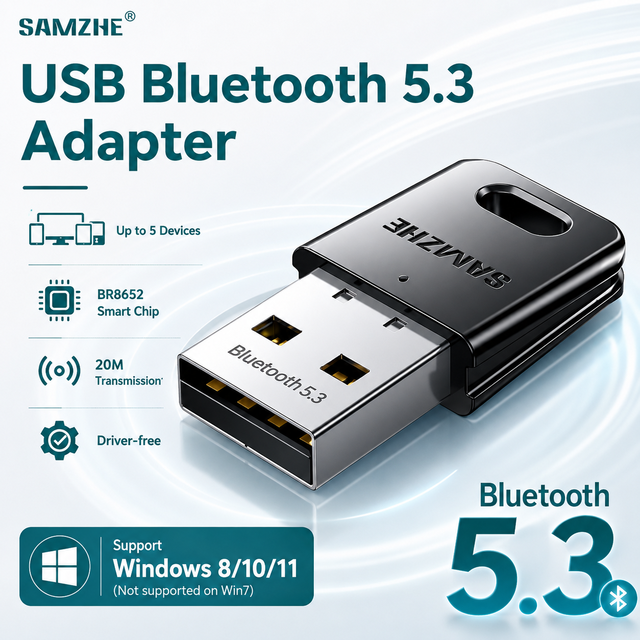 SAMZHE USB Bluetooth Adapter for PC Bluetooth 5.3 Receiver 2.4GHz Support Windows 11/10/8.1/8 Desktop Laptop Distance 13.5m