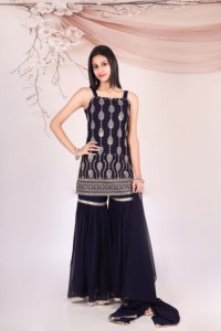 Women Ethnic Embroidered Kurta With Sharara And Dupatta Navy Blue Traditional Party Wear Indian Pakistani Clothing - Product Image 3