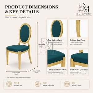 Chaise de mariage ronde en acier inoxydable doré avec dossier médaillon et revêtement vert sarcelle pour événements de mariage et banquets - Sièges événementiels - Product Image 5