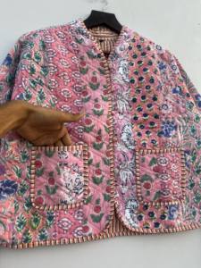 Chaqueta Bohemia acolchada de algodón 100%, diseño Reversible hecho a mano, retazos blancos, rayas estampadas, botón de soporte, bolsillos delanteros abiertos para - Product Image 5