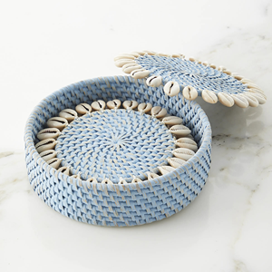 Juego de 4 Posavasos con Adornos de Conchas, Posavasos de Mimbre y Ratán Estilo Boho, Posavasos Hechos a Mano para el Hogar, Bodas y Restaurantes - Product Image 3