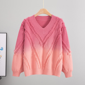 Wholesale Bulk Custom Gradient Dip Dye Fringed V-Neck Oversized Knitted <b>Pullover</b> <b>Sweater</b> for Women Autumn Winter Wear - Product Image 2