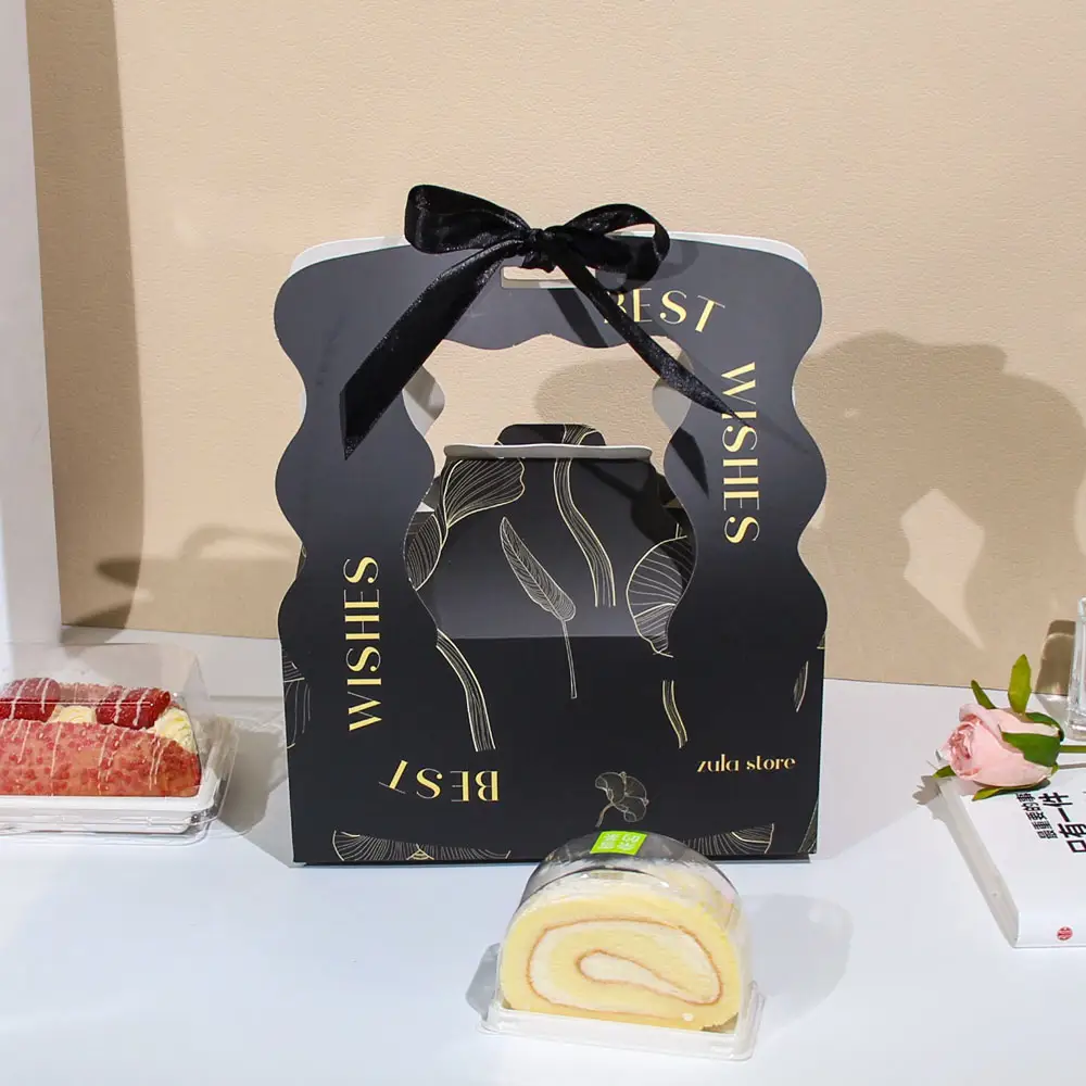 Kunden spezifische Papier kuchen box mit Griffen, faltbare Kuchen träger box Luxus-Back boxen mit Band