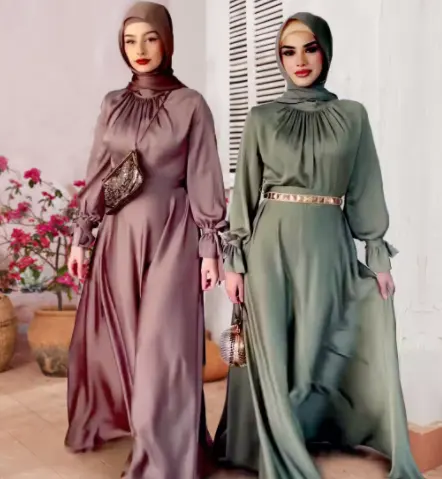 2024 bescheidene Designs Sommer Satin Abaya Dubai Satin muslimische Brautjungfernkleider für Mädchen muslimischer Satin Kimono Abaya grün rosa