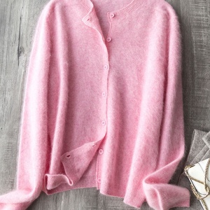 Cárdigan de punto coreano de lana cepillada engrosada de 230 g para mujer, con botones, cuello redondo sin costuras, estilo abrigo, ideal para otoño. - Product Image 2