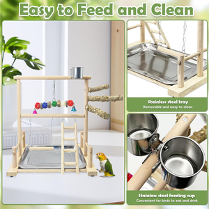 Jouet de parc d'activités en bois pour perroquets OF Pet, avec perchoir, échelle et mangeoires - Product Image 3