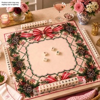 Tapis de Mahjong de Noël Léopard Bleu avec Bordure Chapeau de Père Noël et Canne à Sucre, Tapis de Jeu de Table, Décoration de Fête et de Dîner