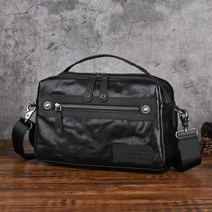 Genuine Leather Men's Shoulder <b>Bag</b> Black Vegetable Tanned Crossbody <b>Bag</b> Fashionable Leisure Travel Solid Color - Product Image 1