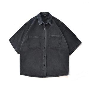 Custom Black <b>Denim</b> <b>Shirt</b> <b>for</b> <b>Men</b> Short Sleeve Turn-Down Collar Button-Up Pocket Casual Vintage <b>Shirts</b> - Product Image 1